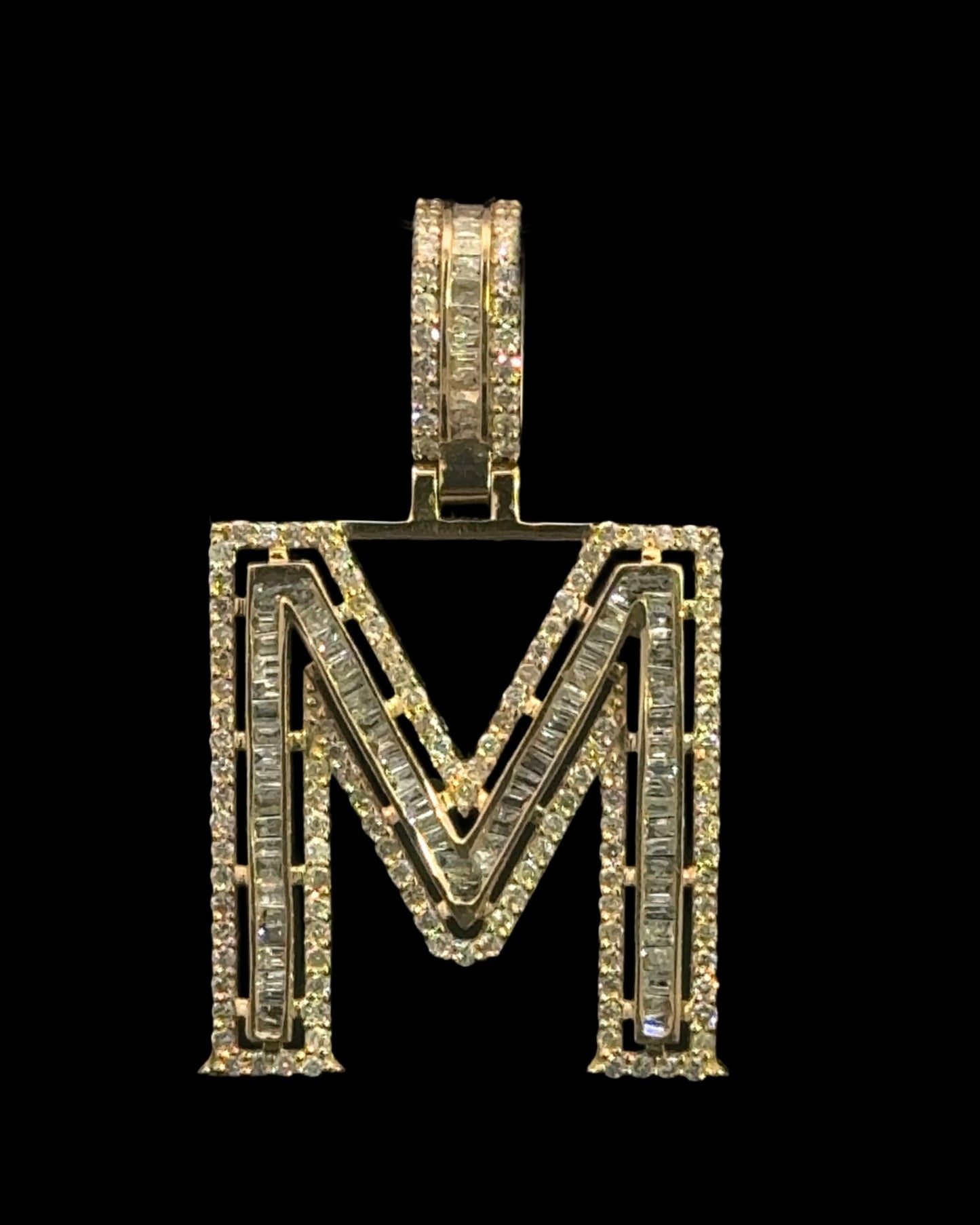 Yellow Gold Letter M Pendant Baguettes 0.92CT 3.8GR 14K