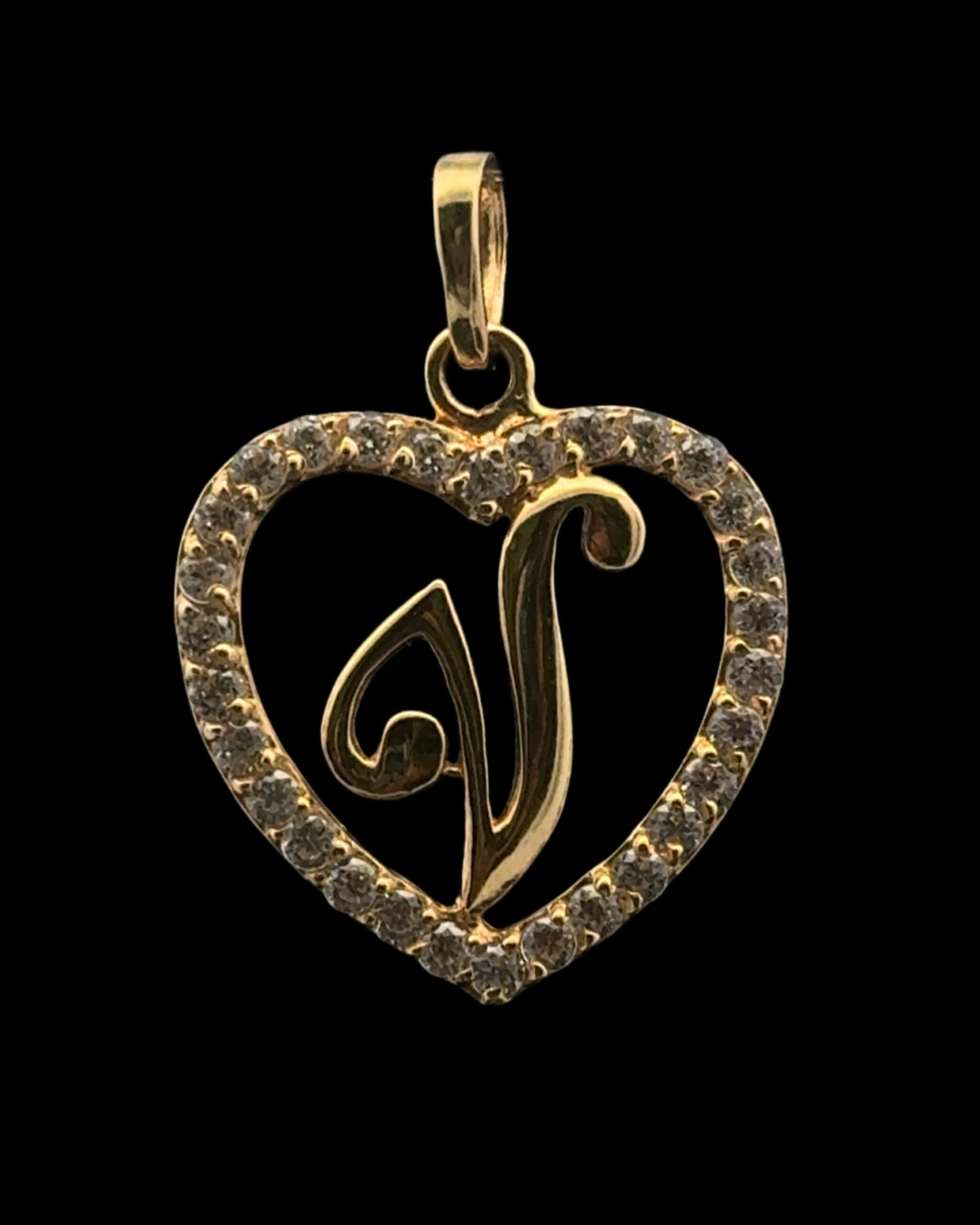 PENDANT LETRA V CORAZON CZ 1.3GR 14K