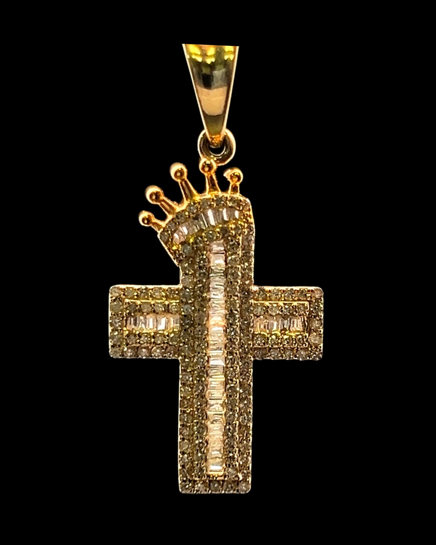 Yellow Gold Crown Cross Pendant Baguettes 0.49CT 1.7GR 14K