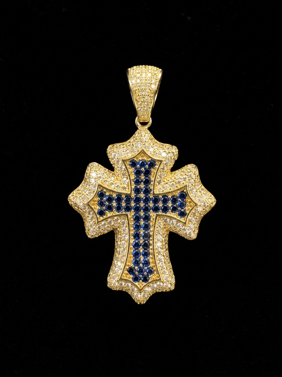 14K GOLD CROSS PENDANT, BLUE STONES (6.6GR)