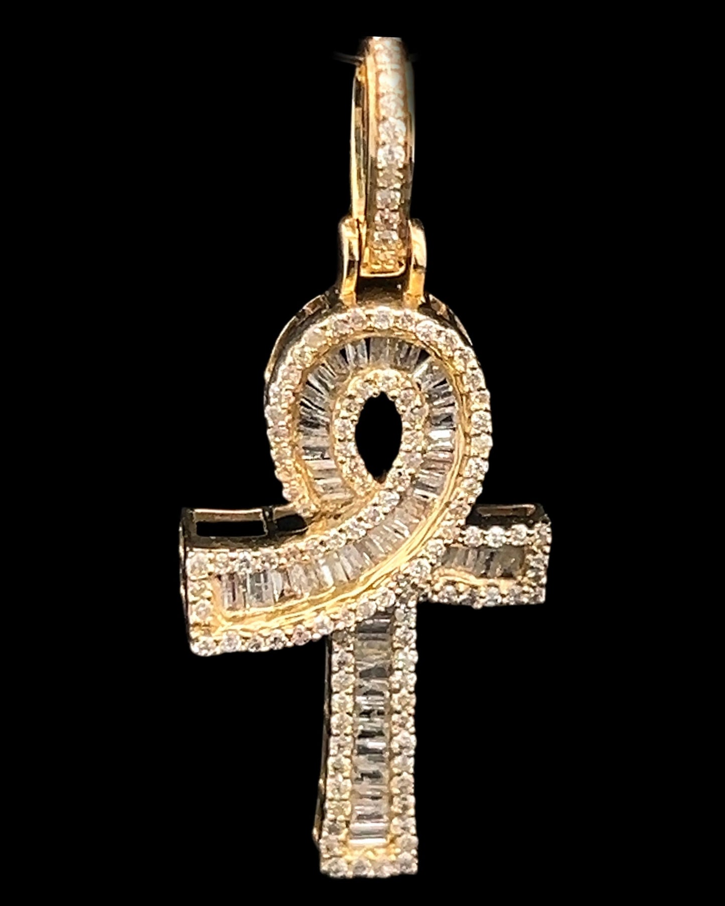 Yellow Gold Cross Bow Pendant Baguette 0.72CT 3.1GR 14K