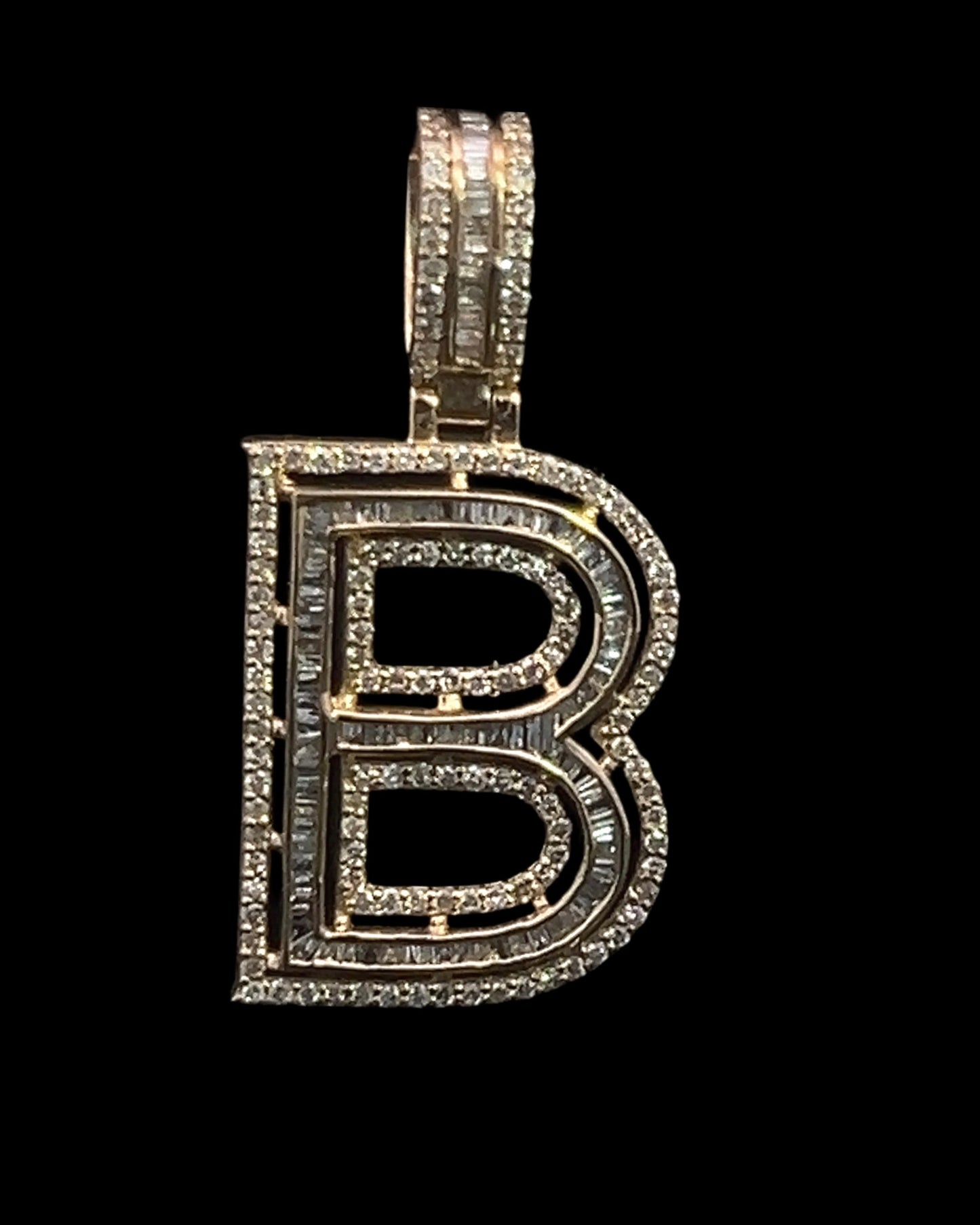 Yellow Gold Letter B Pendant Baguettes 1CT 3GR 14K