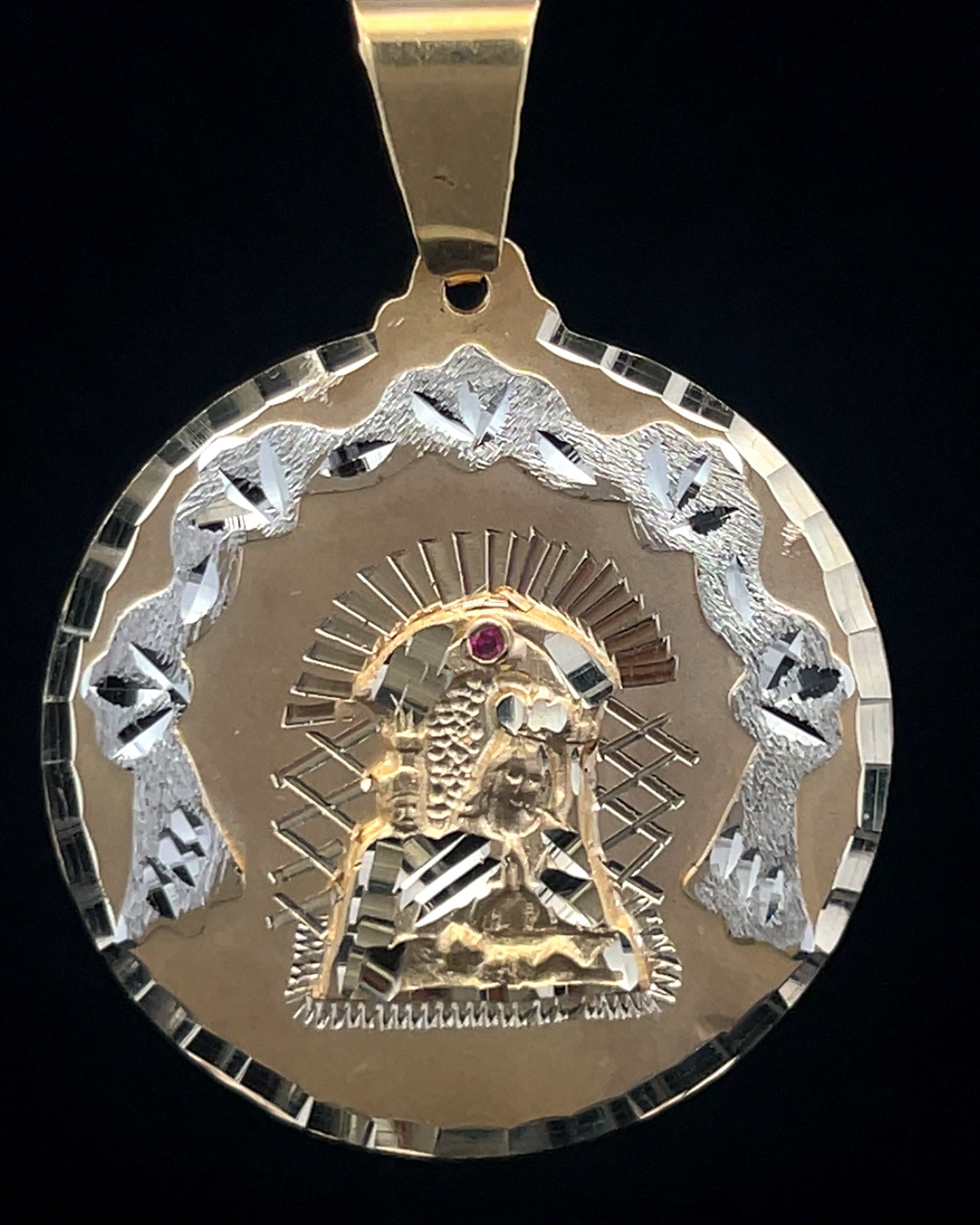 MEDALLA VIRGEN DE LA TRINIDAD PIEDRA ROSADA 9.4GR 14K