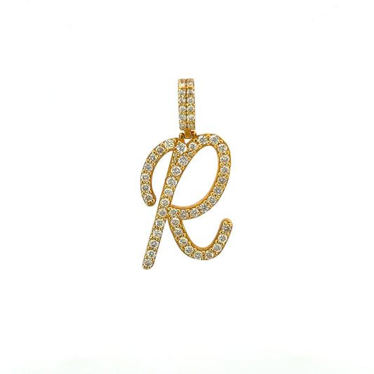 Colgante de oro amarillo con la letra R de 1,05 ct y 3,6 gr de 14 quilates