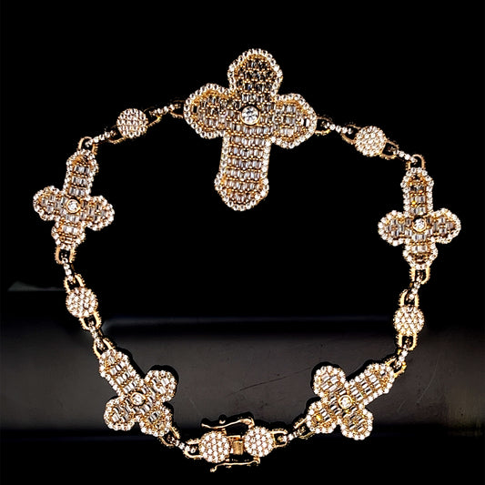 BRACELET BAGUETTE 5 CROSS CZ 14K 19.8GR 8.5"