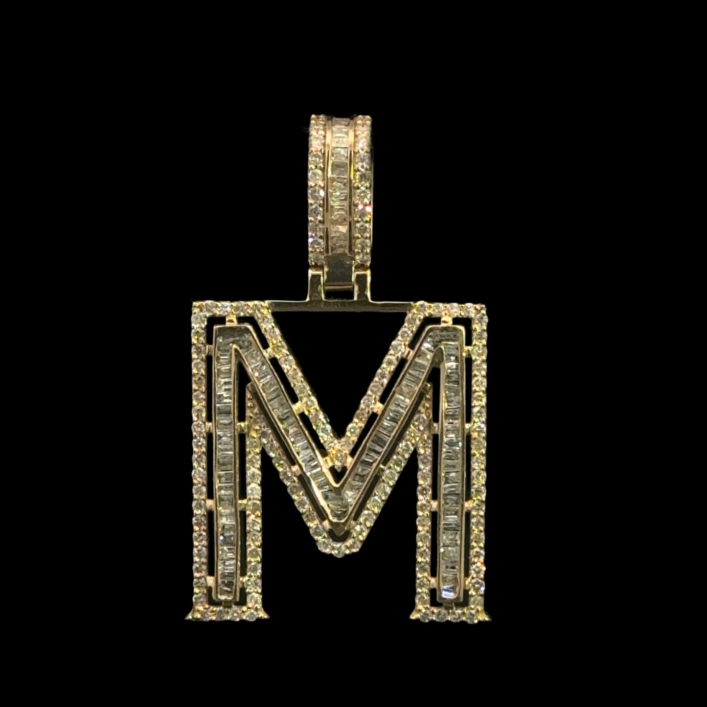 Yellow Gold Letter M Pendant Baguettes 0.92CT 3.8GR 14K