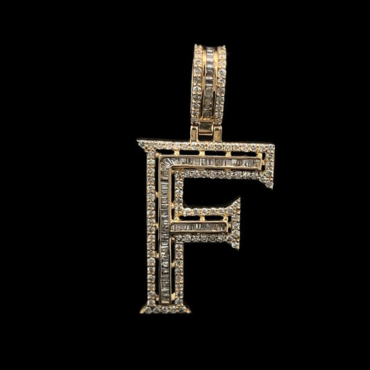 Yellow Gold Letter F Pendant Baguettes 0.91CT 3GR 14K