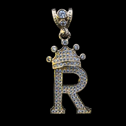 PENDANT LETRA R CON CORONA CZ 4,4GR 14K