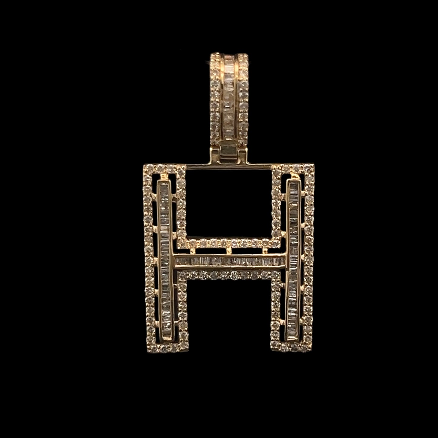 Yellow Gold Letter H Pendant Baguettes 0.93CT 3.4GR 14K