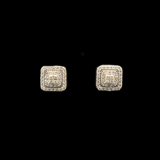 Pendientes de oro blanco con relieve cuadrado, tamaño pequeño, 0,42 ct, 14 quilates