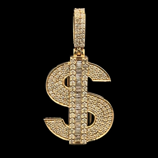 Yellow Gold Money Sign Baguette Pendant 0.82CT 4.1GR 14K