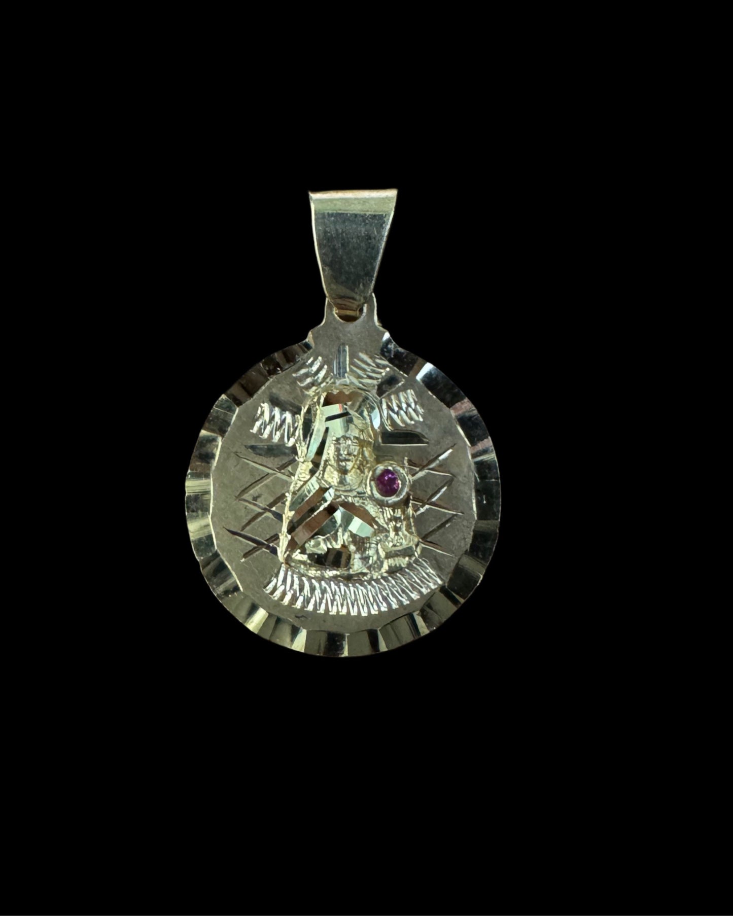 MEDALLA VIRGEN DE LA TRINIDAD PIEDRA ROSADA 2.2GR 14K