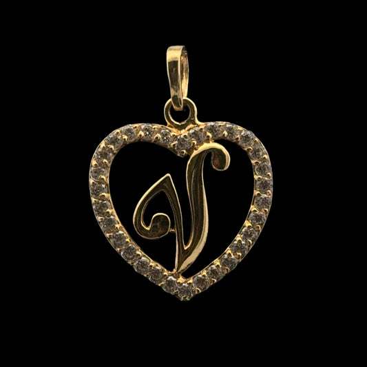 PENDANT LETRA V CORAZON CZ  1.3GR 14K