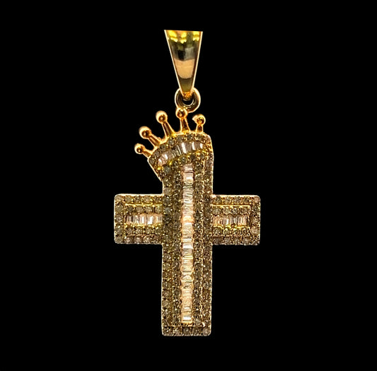 Yellow Gold Crown Cross Pendant Baguettes 0.49CT 1.7GR 14K