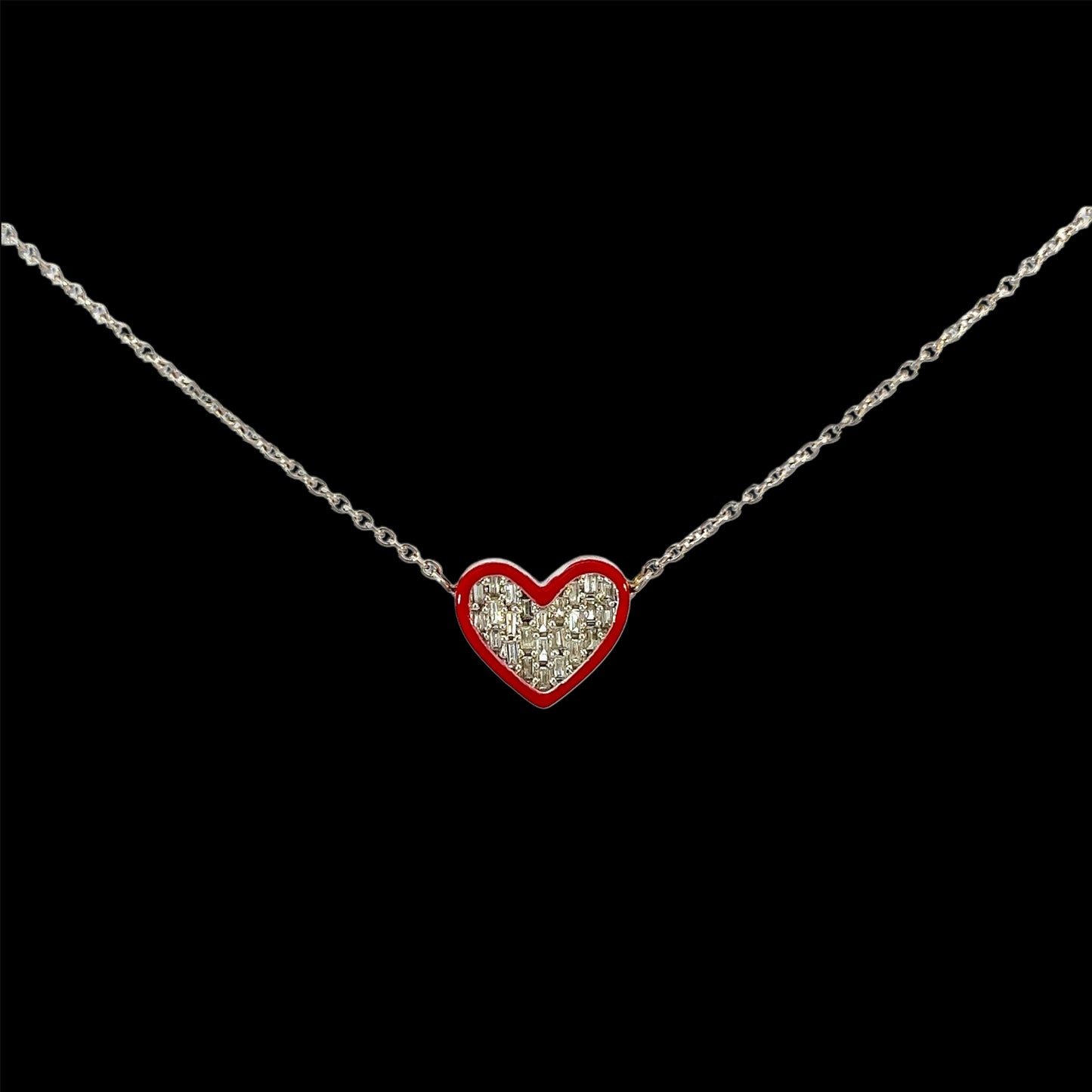 Yellow Gold Baguette Enamel Heart Necklace 0.37CT 3.5GR 14K 18"