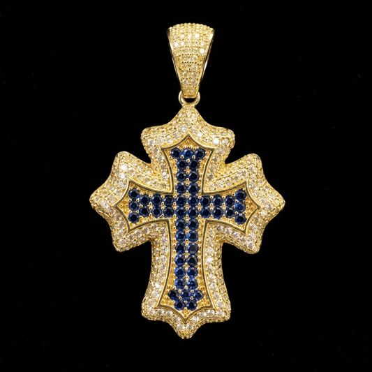 14K GOLD CROSS PENDANT, BLUE STONES (6.6GR)