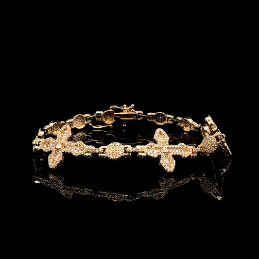 BRACELET BAGUETTE 3 CROSS CZ 14K 12.9GR 7"