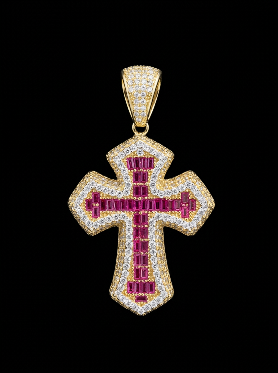 14K GOLD CROSS PENDANT, PINK STONES (6.2GR)