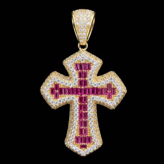 14K GOLD CROSS PENDANT, PINK STONES (6.2GR)