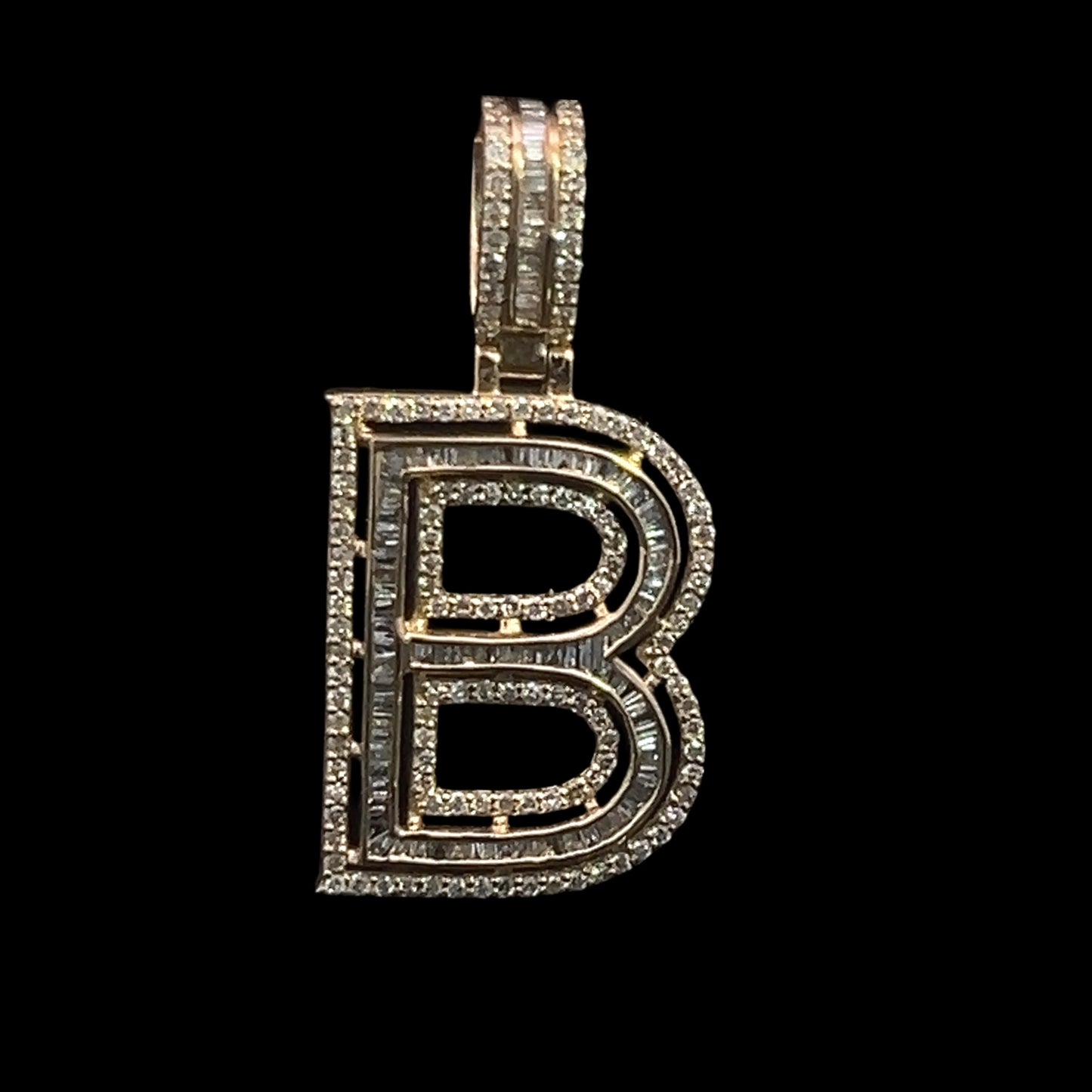 Yellow Gold Letter B Pendant Baguettes 1CT 3GR 14K