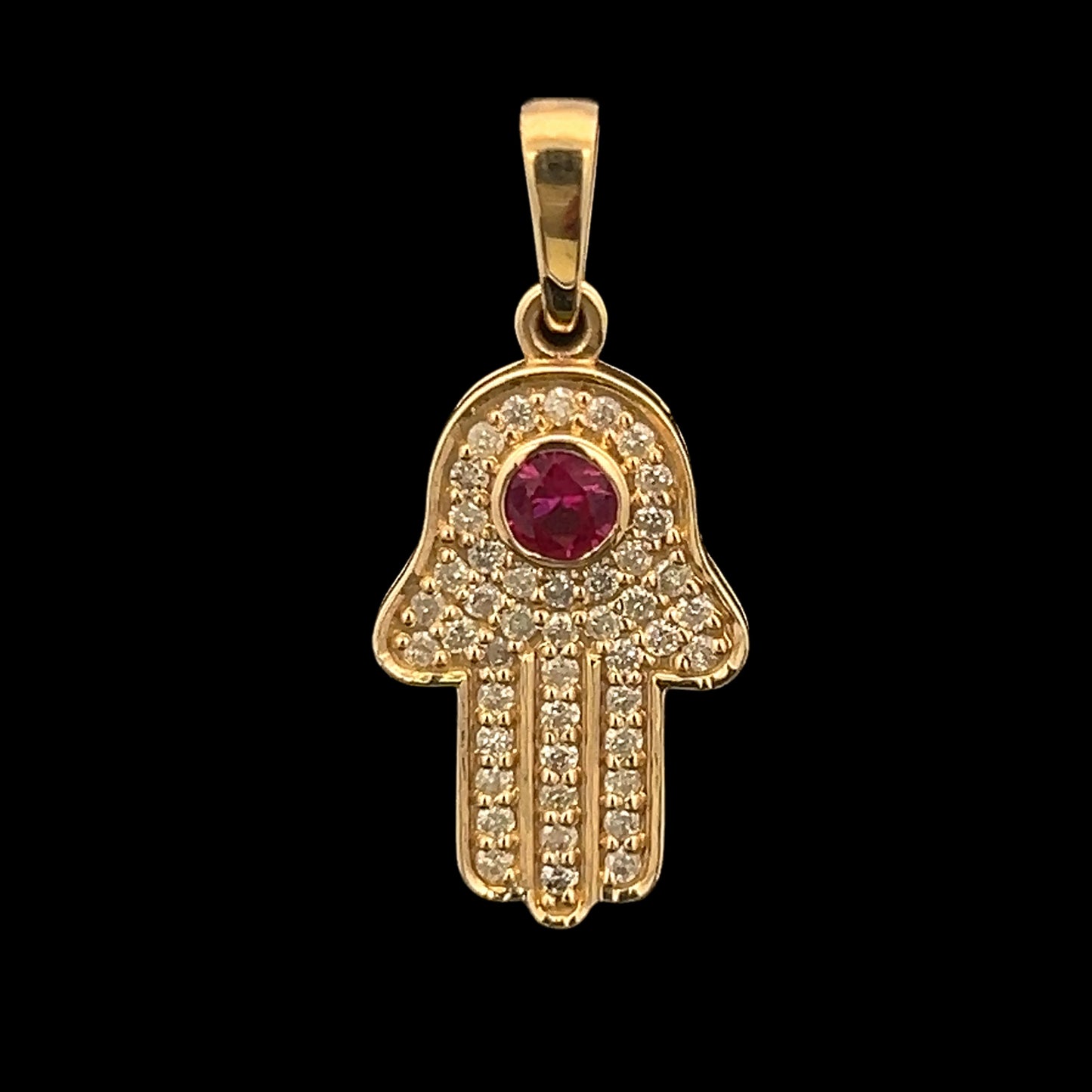 Yellow Gold Ruby Hamsa Pendant 0.35CT 1.4GR 14K