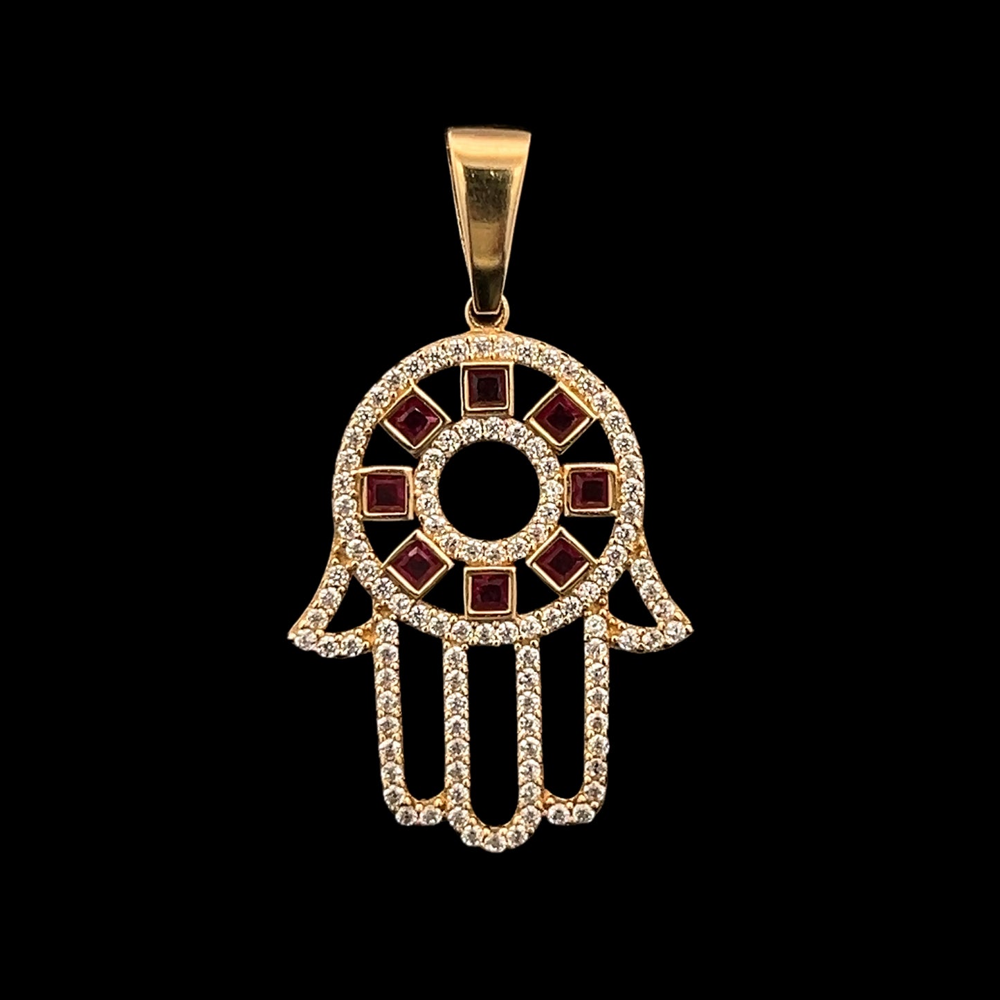 Round Yellow Gold Hamsa Pendant  (CZ) 2.6GR 14K