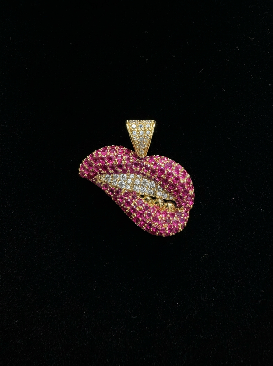 14K GOLD LIPS PENDANT WITH PINK STONES (4.7GR)