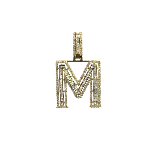 Yellow Gold Letter M Pendant Baguettes 0.92CT 3.8GR 14K