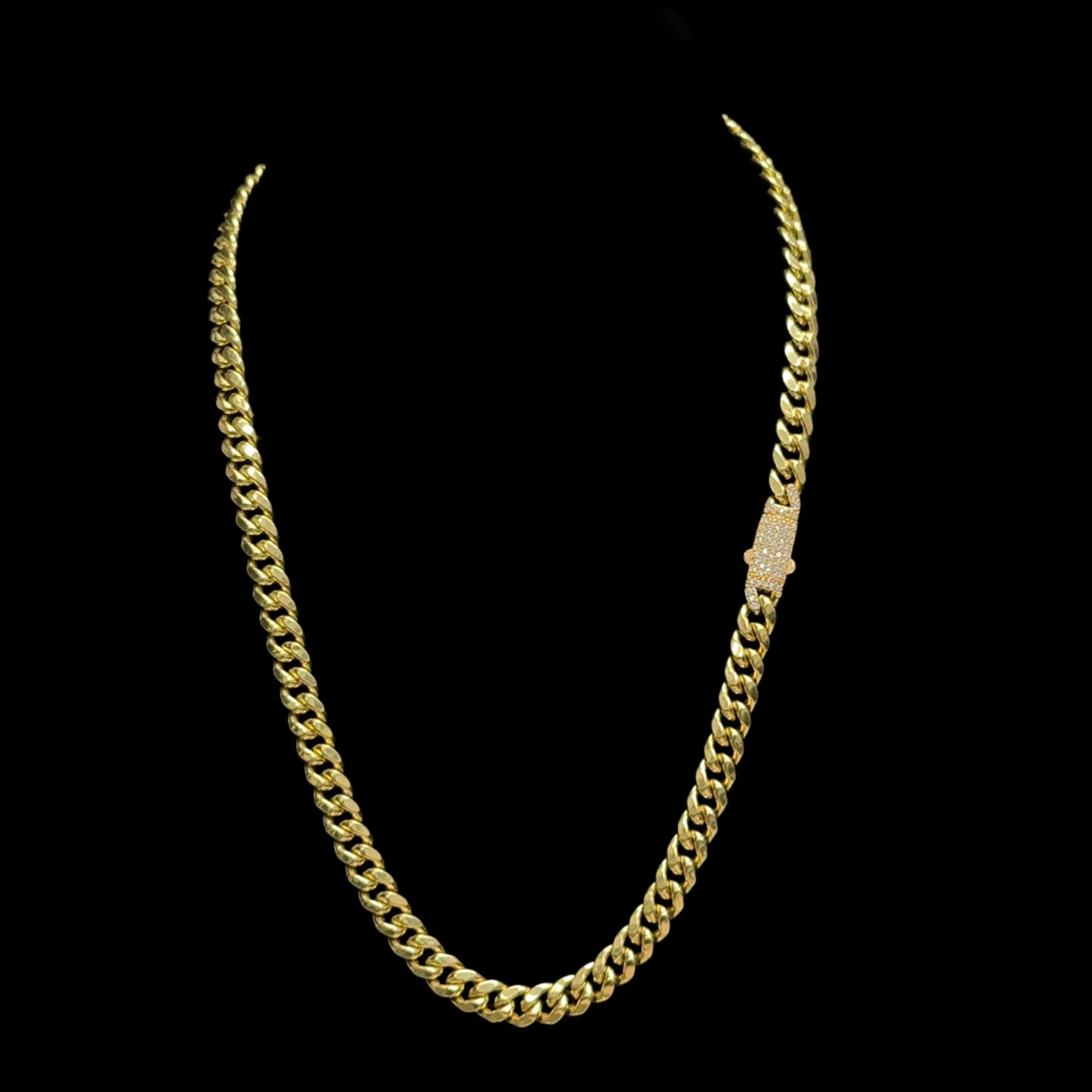 CADENA CUBANA SEMISOLIDA CON BROCHE CZ 31GR 7.5MM 14K 20"