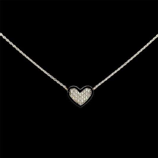 Yellow Gold Baguette Enamel Heart Necklace 0.37CT 3.6GR 14K 18"