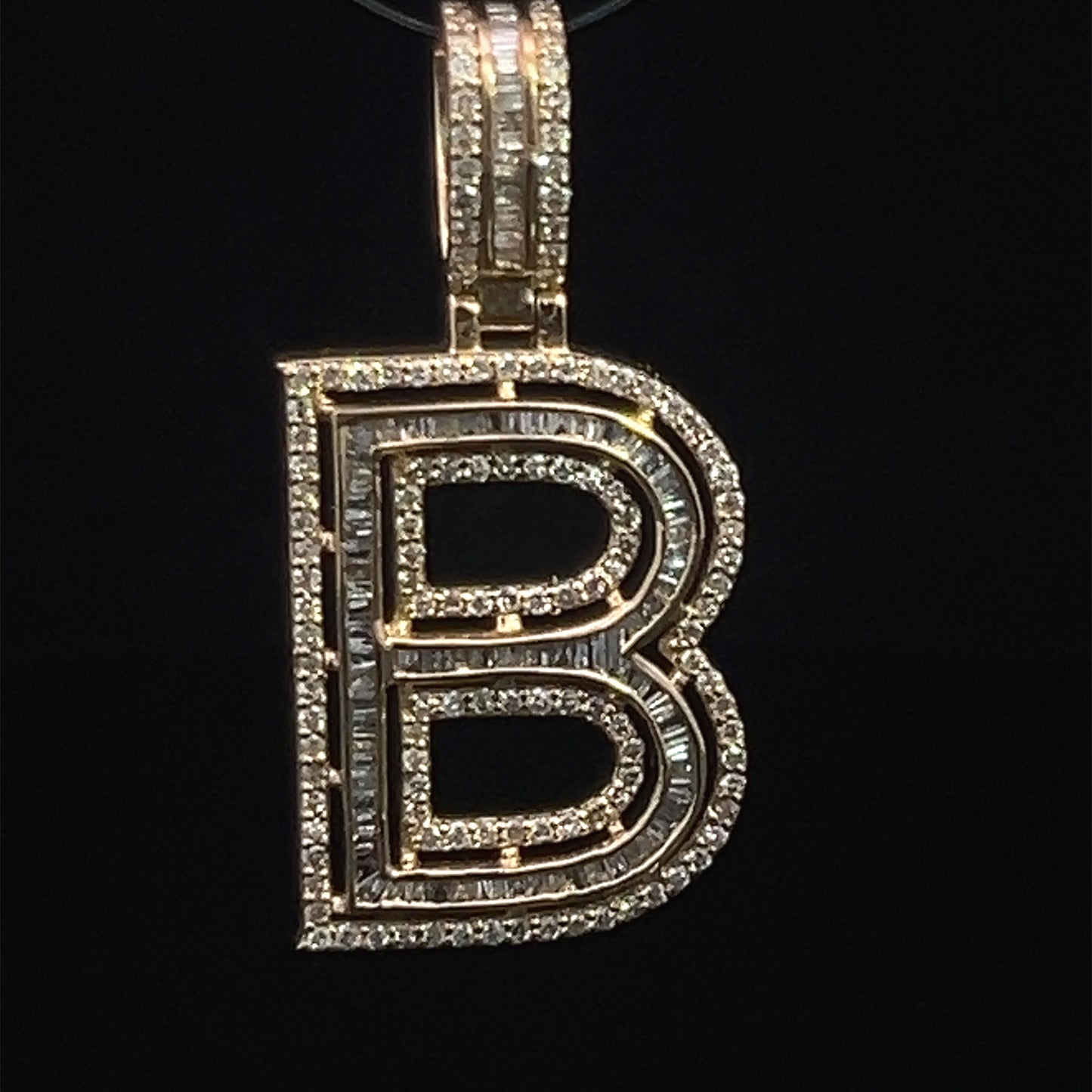 Yellow Gold Letter B Pendant Baguettes 1CT 3GR 14K