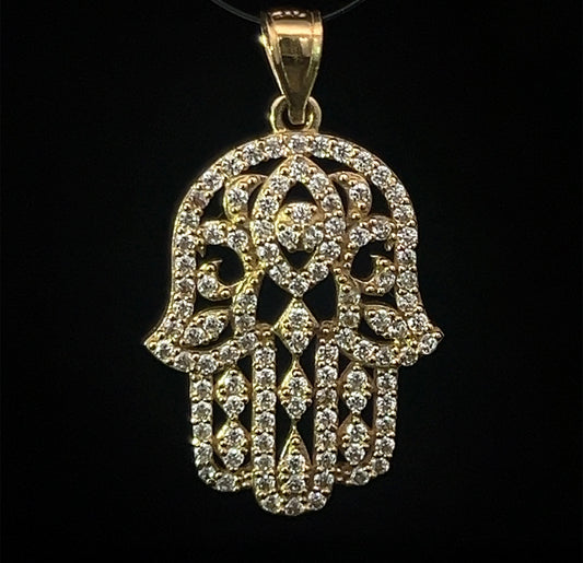 Yellow Gold Mesh Hamsa Pendant (CZ) 3.4GR 14K