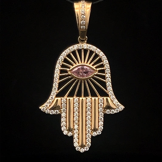 Yellow Gold Mesh Hamsa Pendant (CZ) 2.6GR 14K