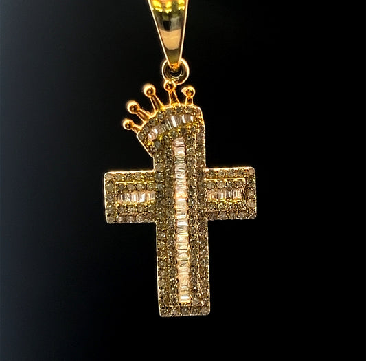 Yellow Gold Crown Cross Pendant Baguettes 0.49CT 1.7GR 14K