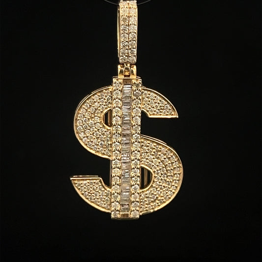 Yellow Gold Money Sign Baguette Pendant 0.82CT 4.1GR 14K