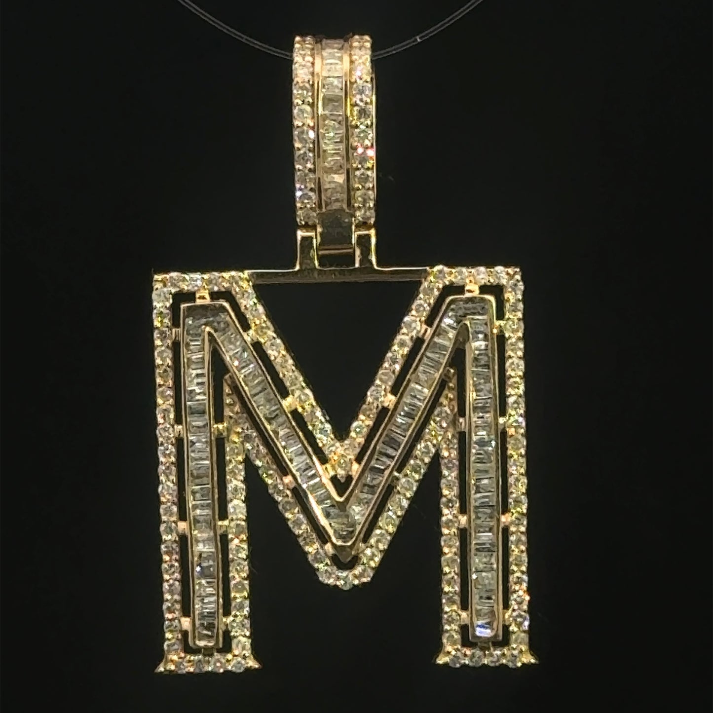 Yellow Gold Letter M Pendant Baguettes 0.92CT 3.8GR 14K