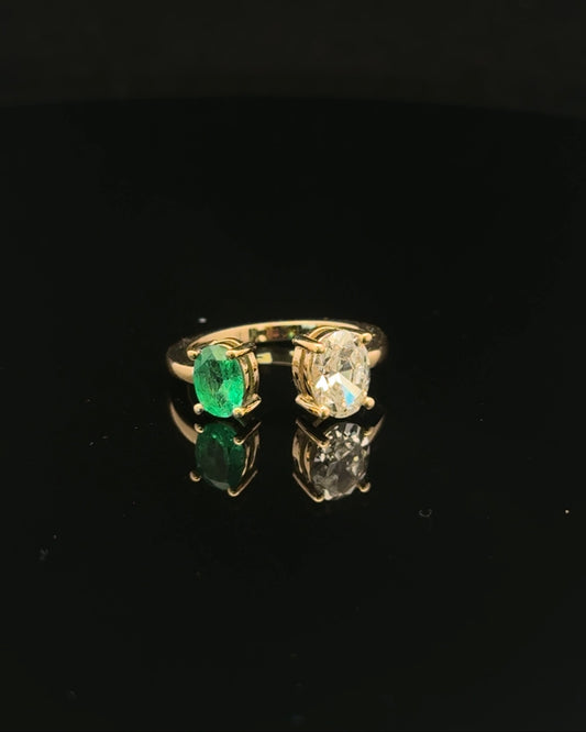 14K YELLOW GOLD ENGAGEMENT RING LAB-GROWN DIAMOND AND EMERALD (3.4GR 1.52CT 5.5")