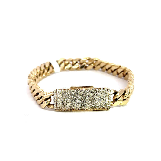 Pulsera cubana lacada en oro amarillo con diamantes de 1,42 quilates, 42,3 gr, 8,2 mm, 14 quilates, 7"