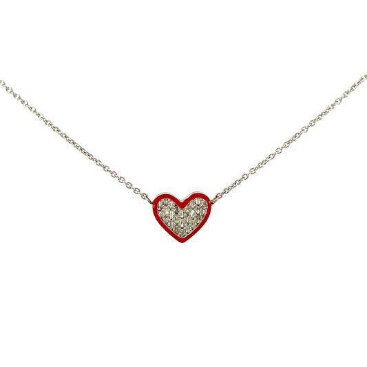 Yellow Gold Baguette Enamel Heart Necklace 0.37CT 3.5GR 14K 18"