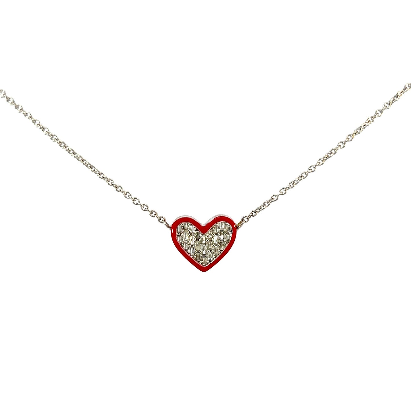 Yellow Gold Baguette Enamel Heart Necklace 0.37CT 3.3GR 14K 18"