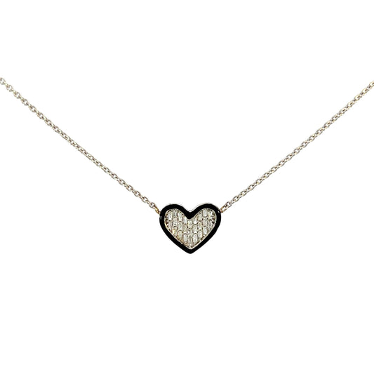 Yellow Gold Baguette Enamel Heart Necklace 0.37CT 3.6GR 14K 18"